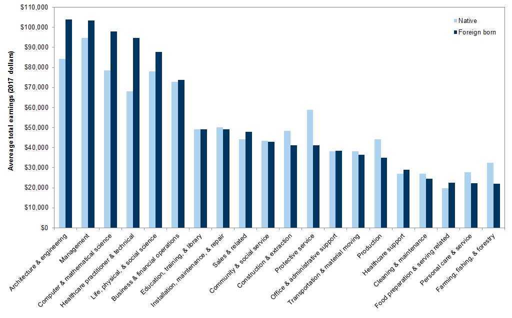 11. Earnings by occupation, native vs foreign-born. Data available on request.