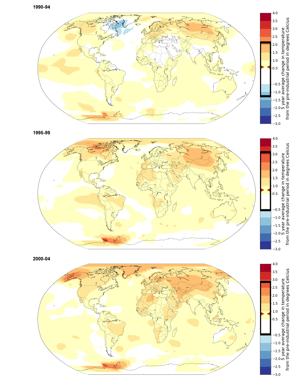 3. Change in global mean surface temperatures, 1990-2004. Data available on request.