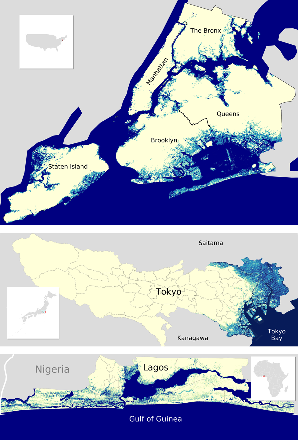 8. Rising sea levels and storm surges put parts of New York City, Tokyo and Lagos at risk of flooding. Data available on request.