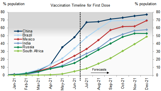 5. We Expect 50% Of the Population to Be Vaccinated with a First Dose in Early July in China (Unchanged), Early August in Brazil (Mid-August Previously), Mid-September in Mexico (Late August), Late October in India (December), and in November in Russia (2022). We Expect South Africa to Be Just Under This Mark at the End of the Year (December). Data available on request.
