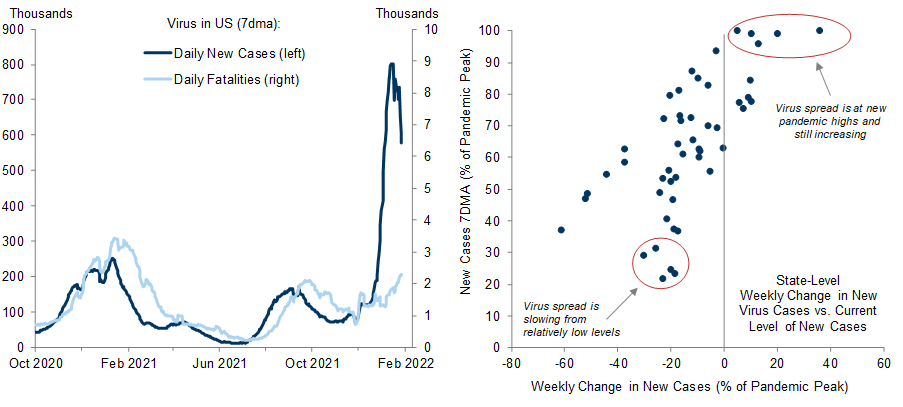 3. While Virus Spread Is Slowing Rapidly on Net, Daily New Cases Are Almost Triple the Delta Peak and Still Increasing in Some States. Data available on request.