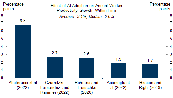 9. Academic Studies Generally Find That AI Adoption Increases Within-Firm Annual Worker Productivity Growth by 2-3pp. Data available on request.