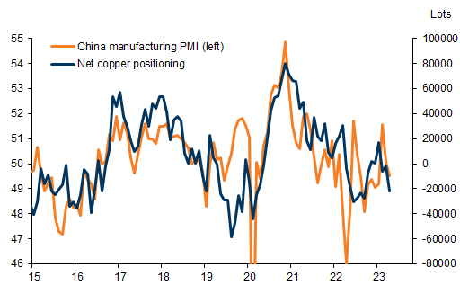 7. A slowdown in global manufacturing has weighed on macro sentiment and investor positioning in industrial metals. Data available on request.