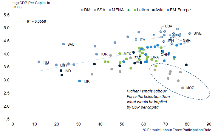 20. There is generally a positive correlation between countries' GDP per capita and female labour force participation. Data available on request.
