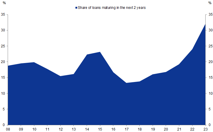 6. The highest share of loans on record have initial maturities in the next two years. Data available on request.