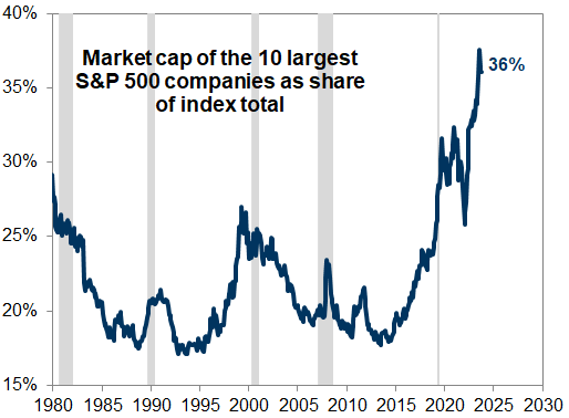 7. The 10 largest stocks in the S&amp;P 500 account for more than a third of total market cap. Data available on request.