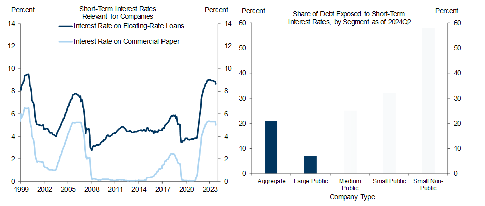6. Interest Rates on Short-Term Loans for Companies Are Still Elevated and Should Continue to Fall as the Fed Lowers the Funds Rate; Short-Term Interest Rates Matter More for Medium- and Small-Size Companies. Data available on request.