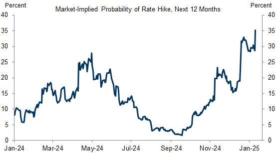 3. The Market-Implied Probability of a Rate Hike Over the Next Year Has Risen Sharply Since the November Elections and Is Now Much Too High, in Our View. Data available on request.