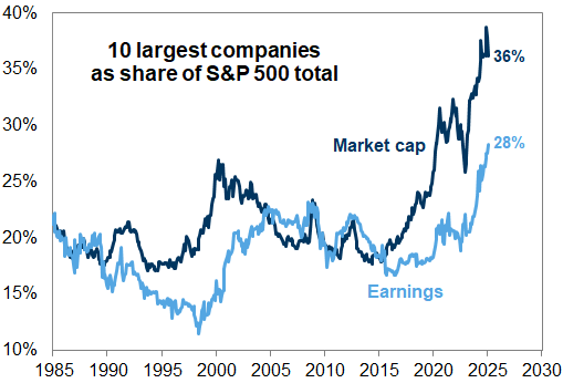 25. Concentration of S&amp;P 500 market cap and earnings in the 10 largest index constituents. Data available on request.