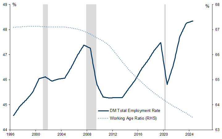 10. The DM Total Employment Rate Has Risen (Implying A Lower Dependency Ratio), Despite a Large Decline in the Working Age Ratio. Data available on request.